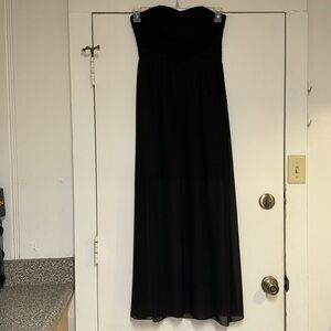 Sweet Storm Black Strapless Sheer Maxi Dress Lace Sweetheart Bodice Hi-Low Skirt